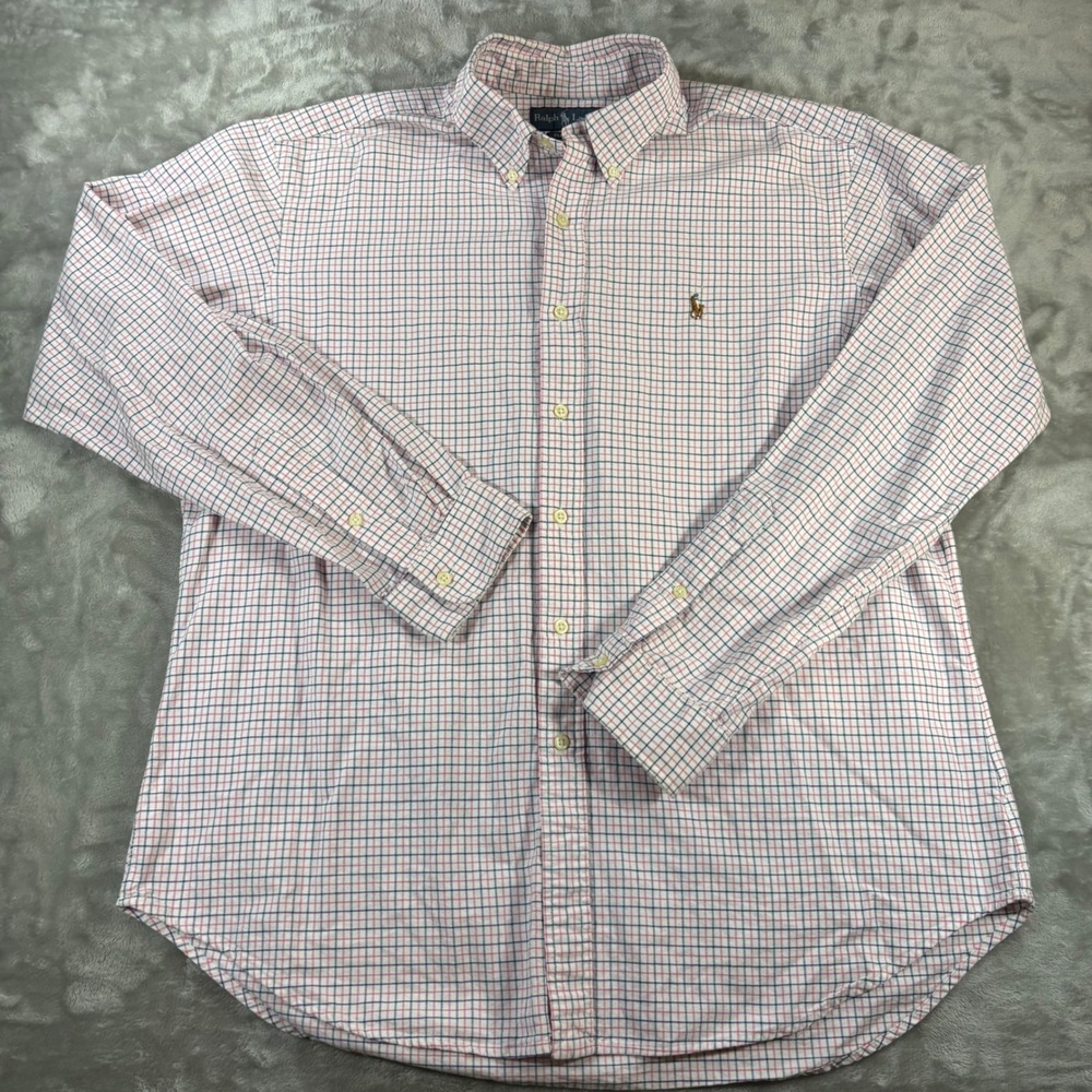 Ralph Lauren Classic Fit Shirt Mens XL Pink Navy Blue Plaid Tattersall Cotton